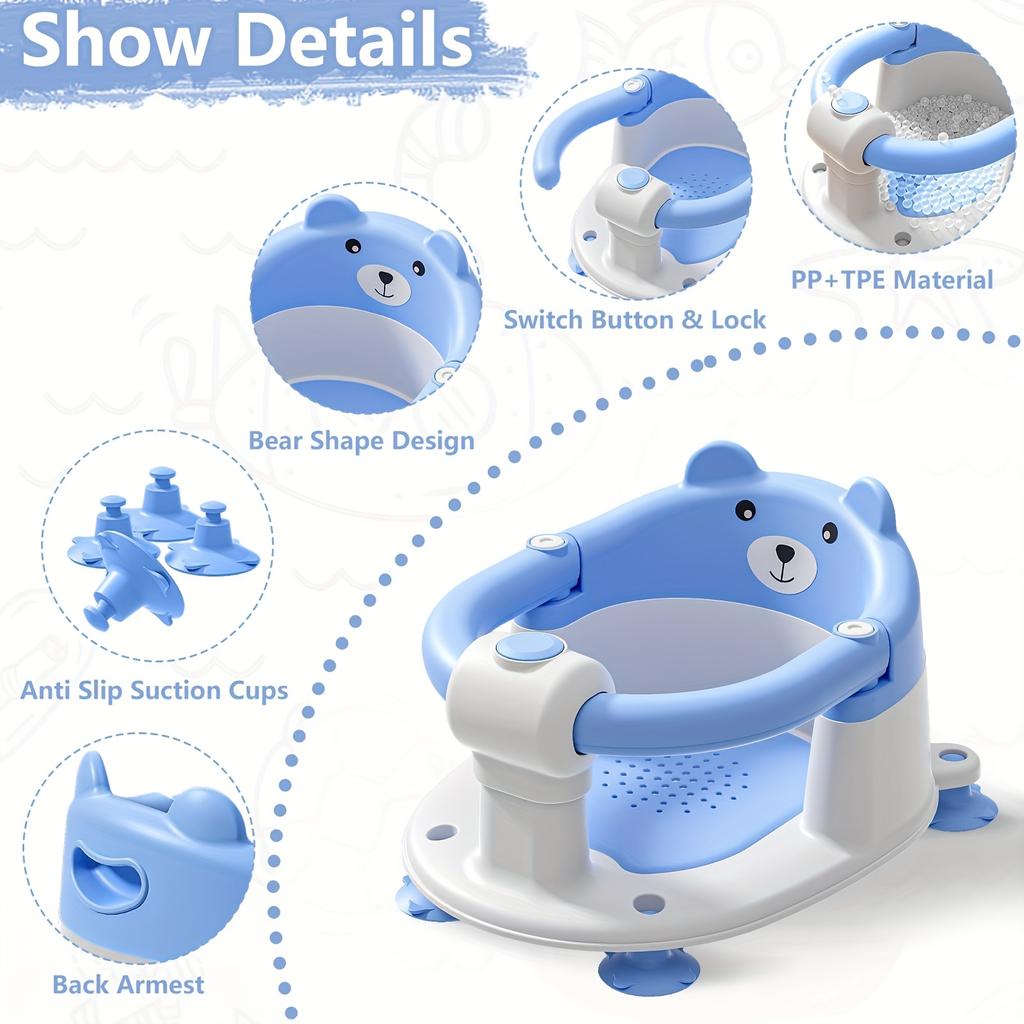 Baby Bath Seat For Babies 6 Months & Up, Toddler Bath Seats For Babies Sitting Up, Non-Slip Infant Bath Tub Chair With 4 Suction
