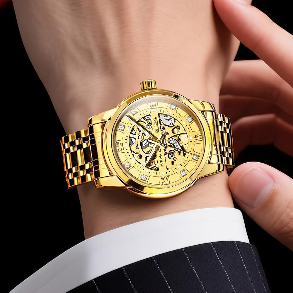 OLEVS Automatic Skeleton Men's Watch Gold Band Gold Dial Luxury Waterproof Mechanical Dress Watch