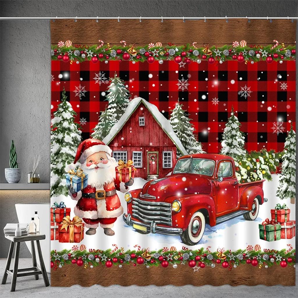 Christmas Shower Curtain, Winter Snowman Santa Claus Snowflake Gnome Farm Truck Berry Christmas Tree Cartoon Bathroom Decorati