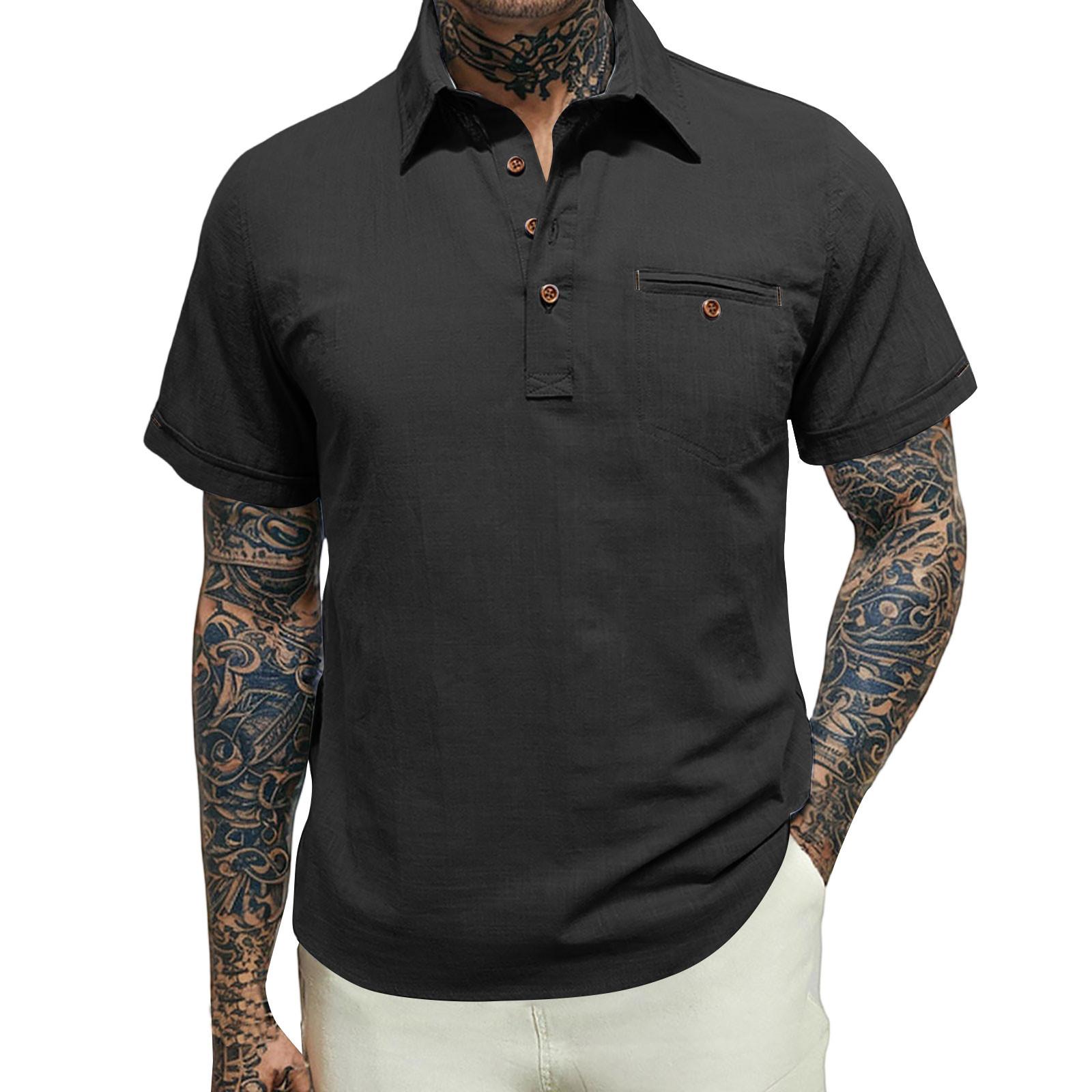 

Мужская повседневная рубашка с короткими рукавами и отделкой пуговицами и лацканами XL чёрный