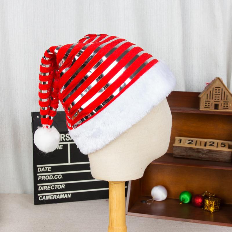 Christmas Hats With Shiny Stripes Red & Green Velvet Santa Caps Festive Headwear Decoration