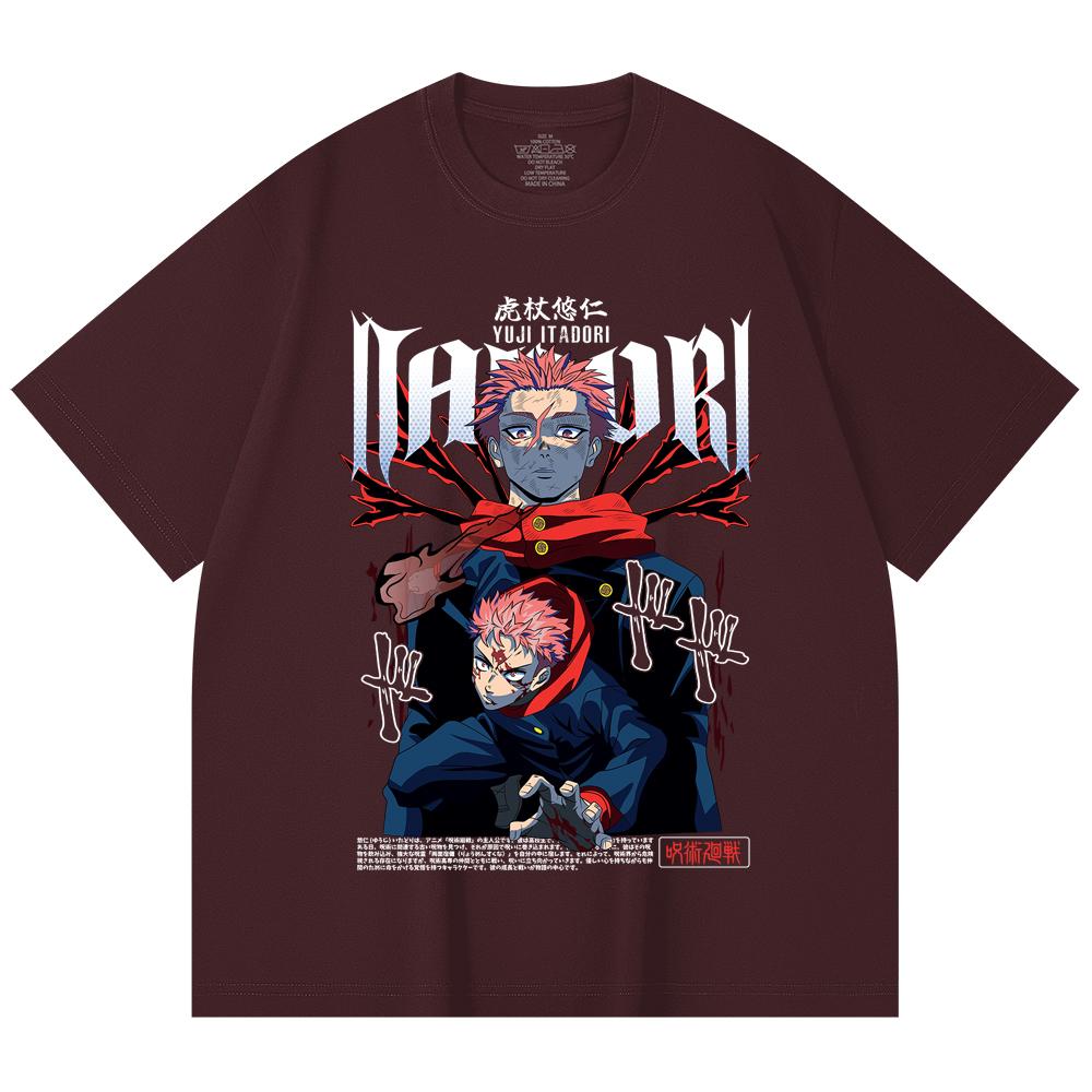 

230 Gsm 100% Cotton Jujutsu Kaisen V20 Yuji Print Unisex Heavy Cotton T Shirt 2XL вина червоного кольору