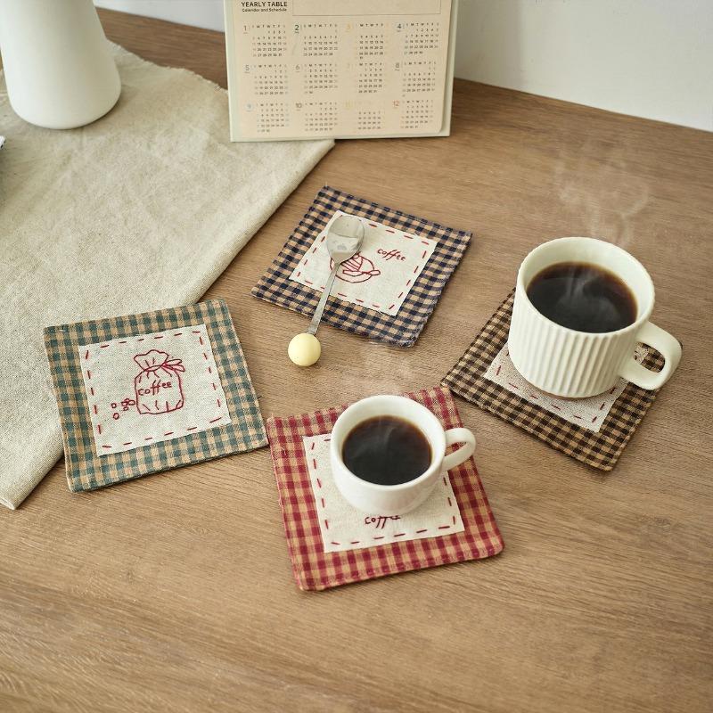 4PCS Cotton Linen Coffee Cup Mats Rustic Farmhouse Style Crochet Embroidery Coaster Absorbent Placemats for Kitchen Table Decor