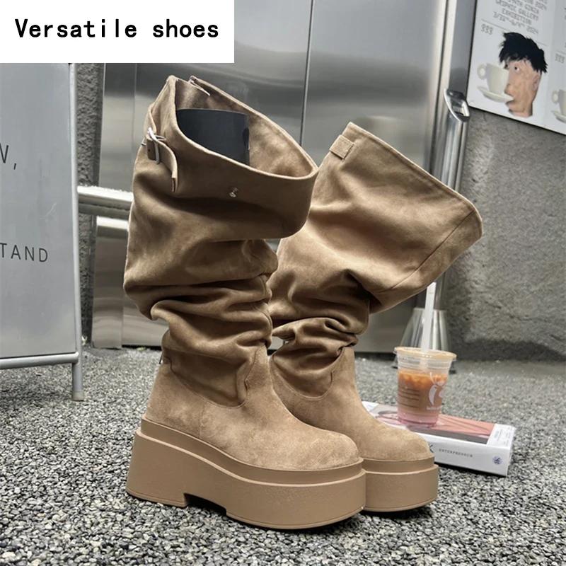 Winter Platform Women Knee-High Boots Fashion Slip On Long Booties Street Style Female Elegant High Heels Shoes