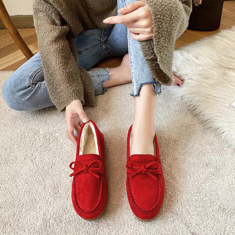 Large size women's shoes bow mother shoes women's autumn and winter new soft sole one-pedal flat heel velvet warm pregnant women's single shoes