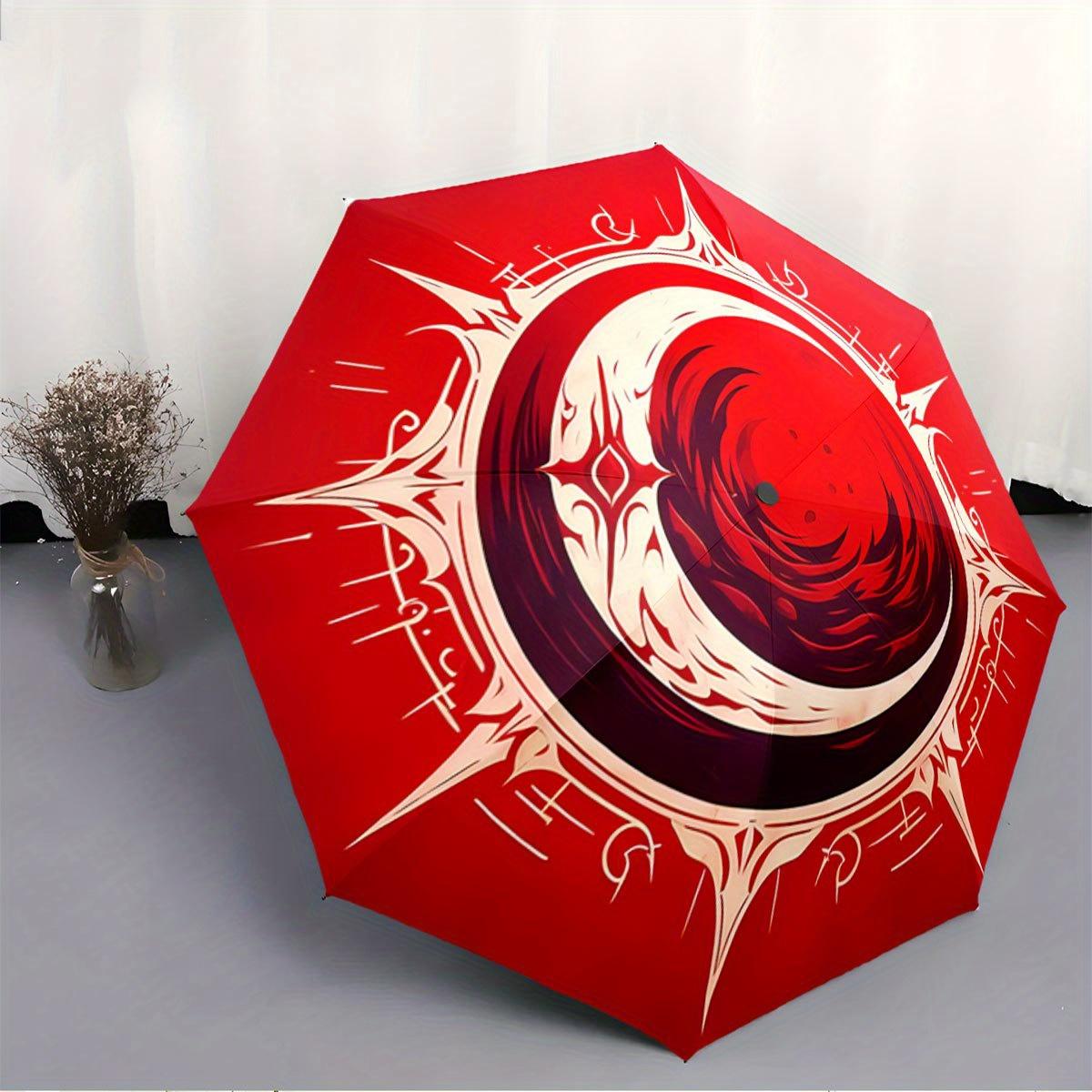 

Open/Close Folding Umbrella with 8-Rib Compact Travel Design - Burgundy & Red Vortex Pattern, Arcane Chinese-Inspired Symbols, (as the picture,Iron&8K)