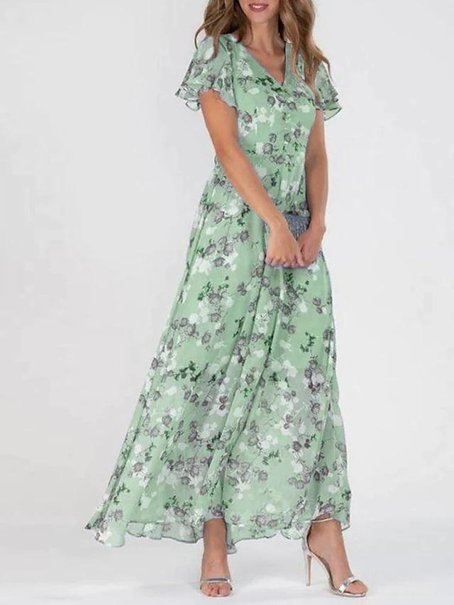 Spring new beach pendulum long dress chiffon floral short sleeve ruffle V-neck fashion waist even