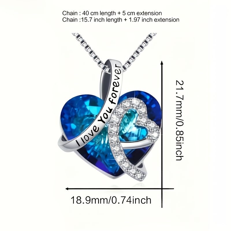 [Pinannie] 925 Sterling Silver Heart-Shaped Blue Crystal Necklace with "I Love You Forever" Engraving - Women's Pendant with Zirconia Decoration -