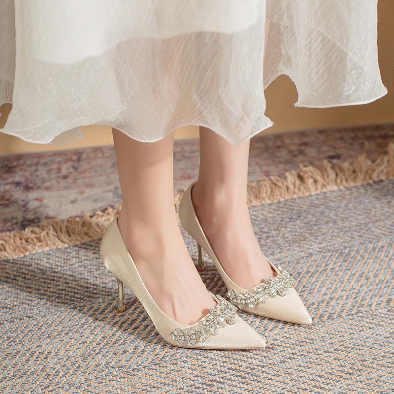

Fashion 2025 New Size Pearls Rhinestone Thin High Heels Women Satin Sardine Point Toe Stiletto Heel Dress Shoes 34