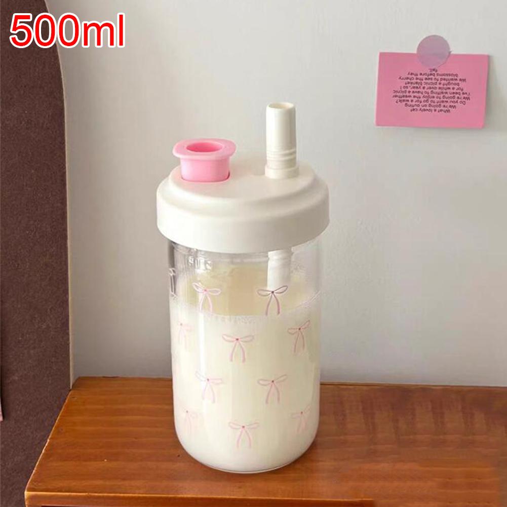 

500/700ML Pink Bow Straw Water Bottle With Lid Cute Coffee Bubble Milk Tea Plastic Cup For Outdoor School Drinking Water Bottles
