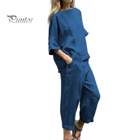 

2 шт./компл. Женская футболка и брюки, комплект с рукавами три четверти и круглым вырезом, свободный верх, эластичная талия, боковые карманы, брюки, повседневная спортивная одежда больших размеров, повседневная одежда 4XL темно-синий