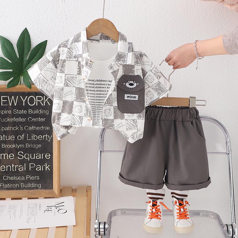 Boys' Summer 2025 Plaid Short Sleeve Shirt & Shorts 3-Piece Set