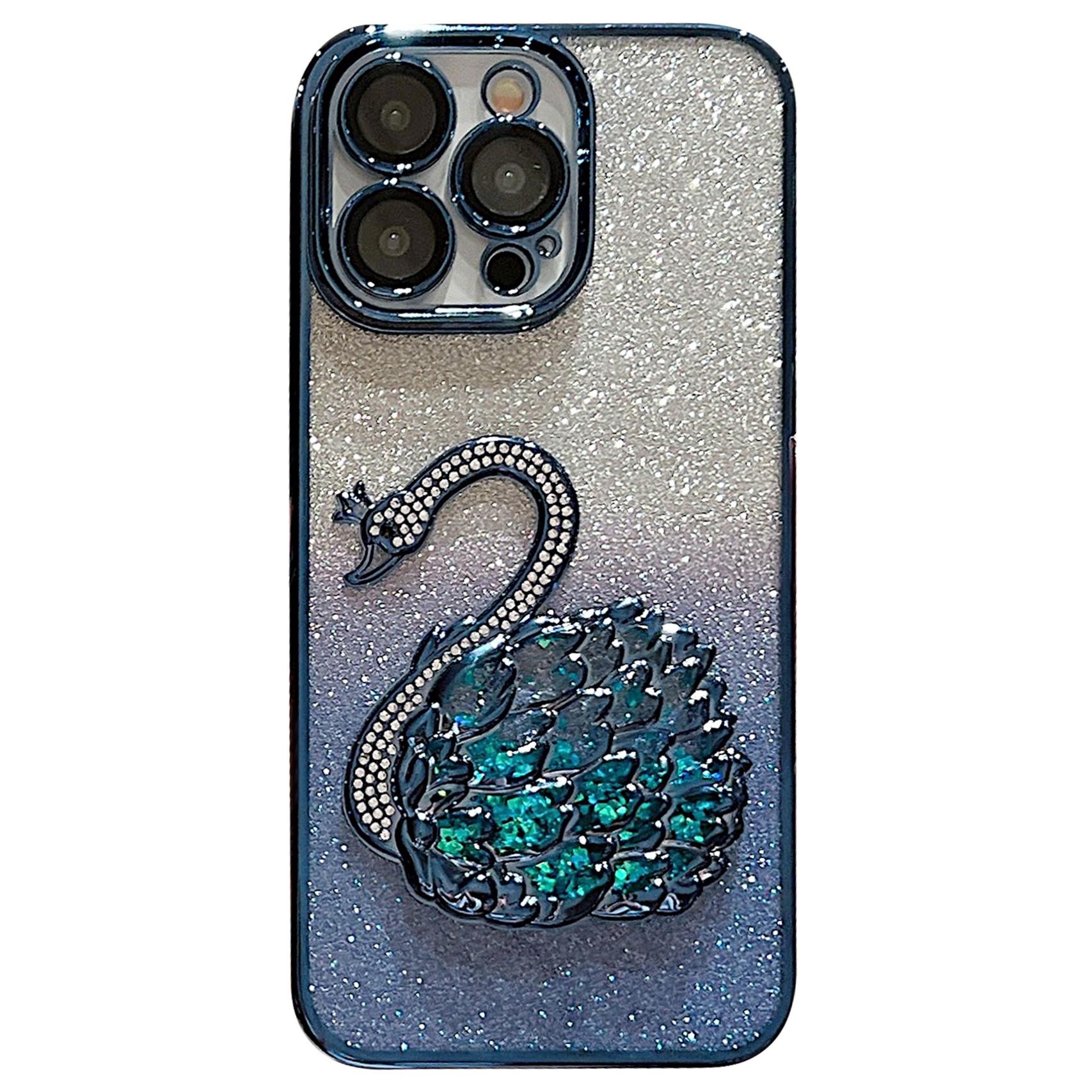 

For iPhone 13 Pro Max 6.7 inch Case Quicksand Swan Glitter Phone Cover with Glass Lens Film Blue