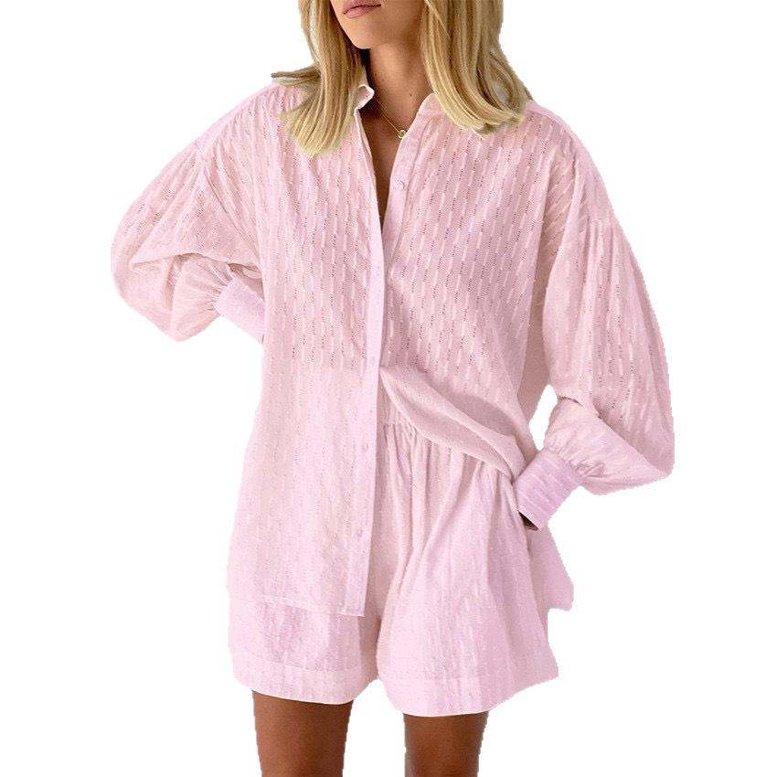 2025 summer women's clothing European and American shirts, jacquard bubble sleeves, temperament tops, shorts, commuting design sense, casual suit