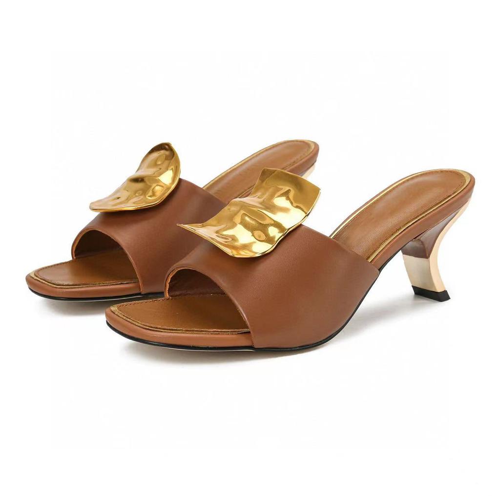 Fashion Women's Multicolor Sexy Peep Toe Metal Decor Slippers Novel Strange Style Medium Heel Slippers Hot Chick Street Trend Slippers