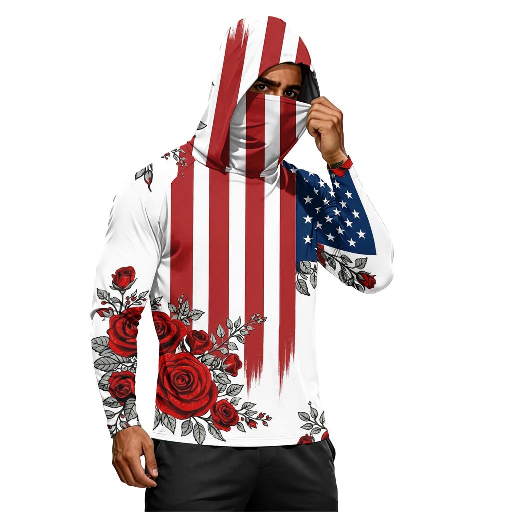 Men's Long Sleeve Lightweight Hoodie with Drawstring Hood and Face Covering Flag Print Casual Pullover Top