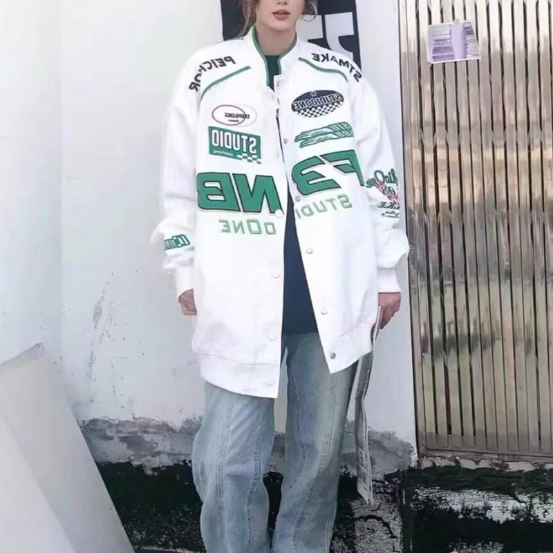 Womens High Street Biker Jacket Style Embroidered Baseball Coat