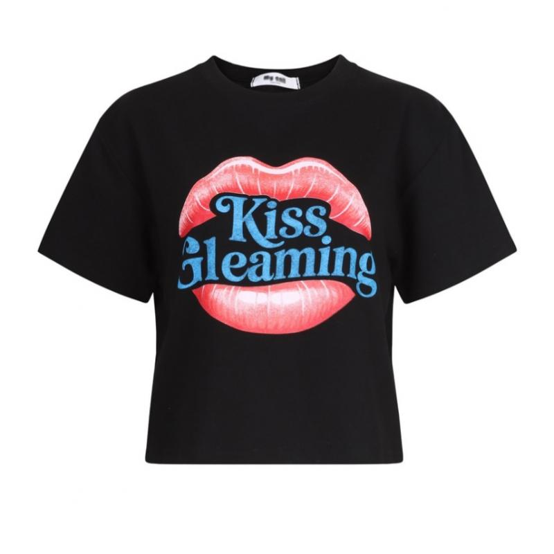 Shop Women Round Neck Rib Kiss Semi Crop CoTTon T shirT whiTe Myc Wsh260018