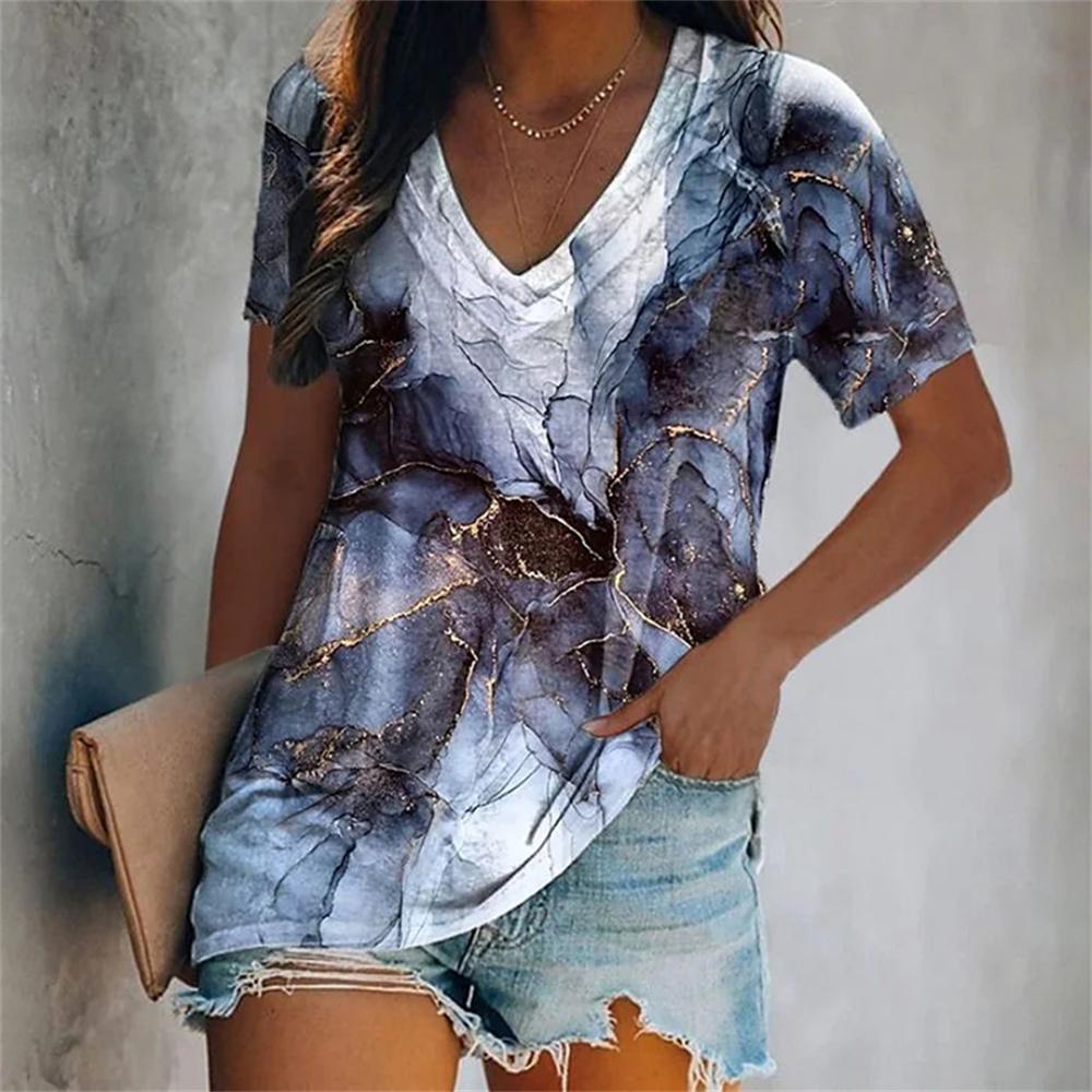 Fashion V-Neck Short Sleeve Colorful Tassels Print T-Shirts Summer Casual Elegant Women's Large Size T-Shirts