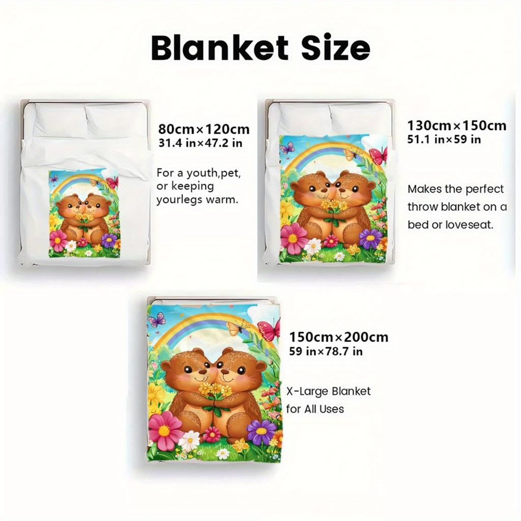 Love Otters Holding Flowers Rainbow Garden Blanket Soft Flannel Throw Home Decor Art Print Couple Gift Kids Bedroom Decor