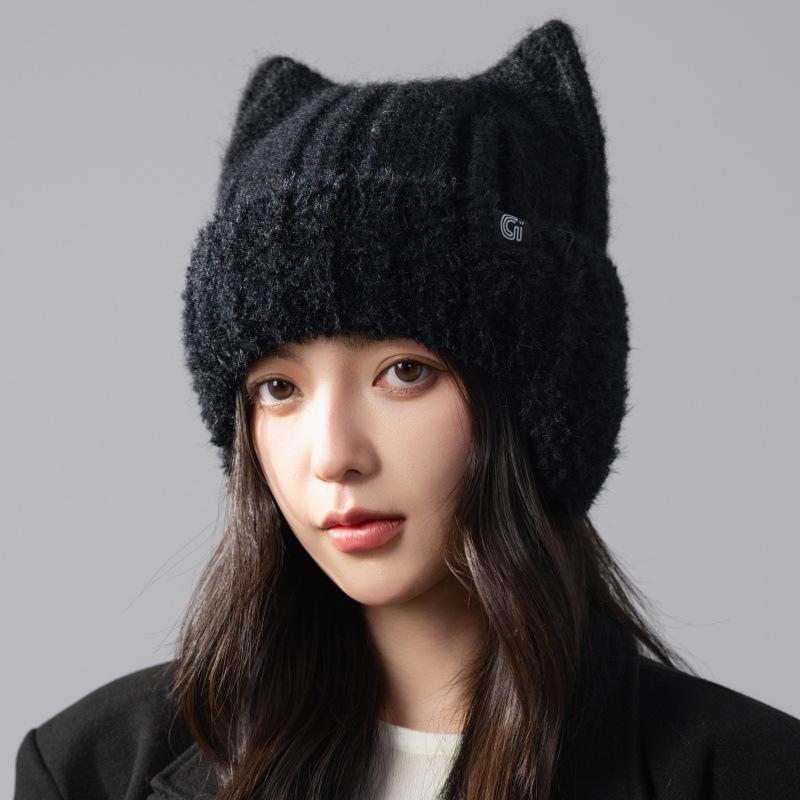 Cute cat ears knitted wool hat women's autumn and winter super cute headgear outdoor windproof ear hat