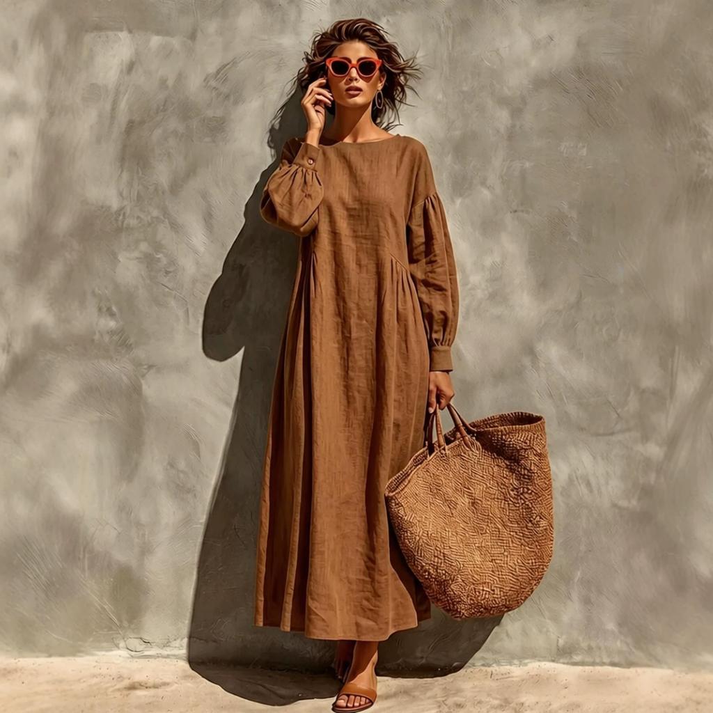Autumn and Winter Women's Clothing European and American Solid Color Lantern Sleeves Pleated Holiday Style Loose Dress
