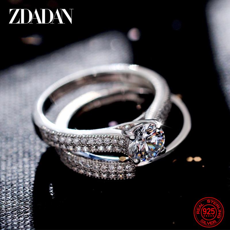 ZDADAN 925 Silver Double Zircon Rings For Women Fashion Wedding Engagement Jewelry Gift