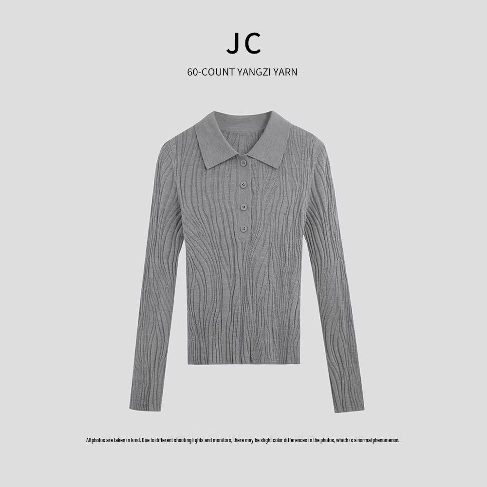 Yangtze Yarn 100% Wool Women's Wave Pattern Long Sleeve Polo Collar Sweater