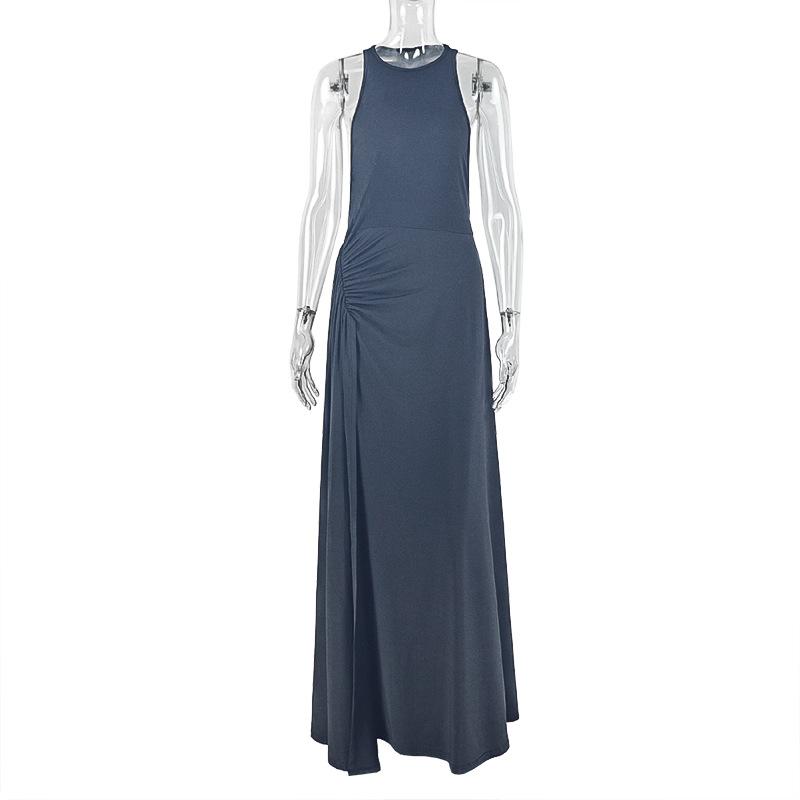 Orange Halter Neck Maxi Dress with Side Pleats