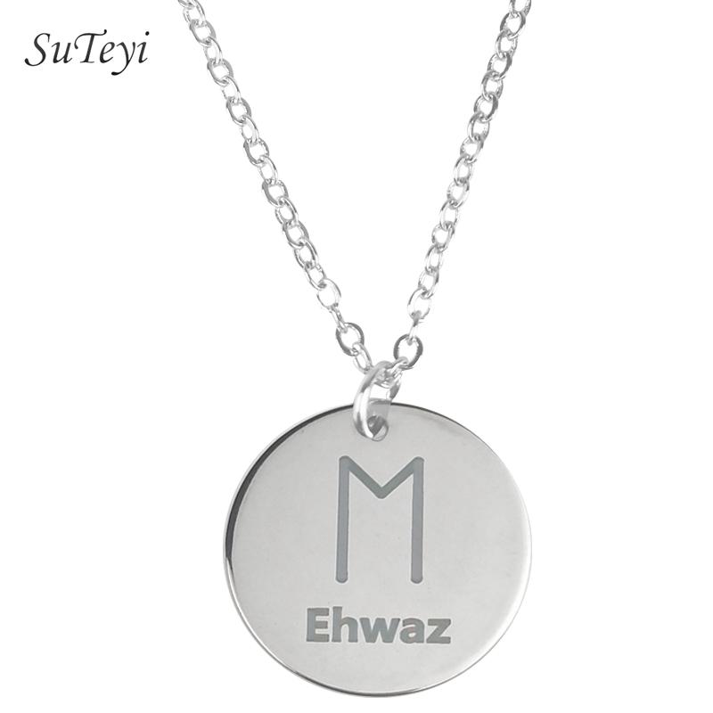 Round 25 Rune Letter Pendant Necklace Silver Color Stainless Steel Disc Viking Necklaces For Women Men