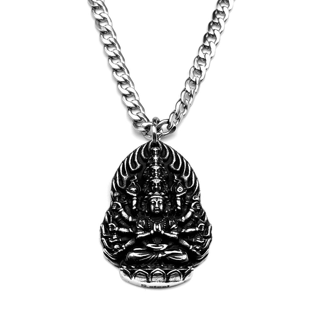 Collana Ciondolo Vintage Buddista Guanyin dalle Mille Braccia per Donne Uomini Catena in Acciaio Inossidabile 316L Colore Argento Gioielli Amuleto