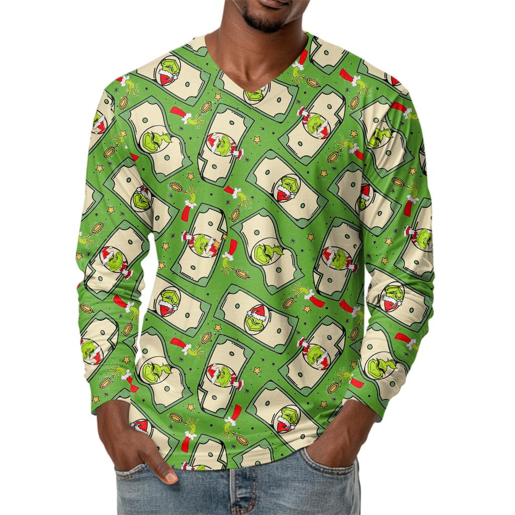 Men's Fashion Printed V-Neck Casual Long-Sleeved T-Shirt Bottoming Shirt Top