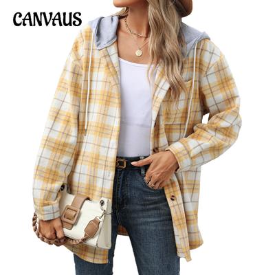 Autumn Women's Plaid Clashing Hooded Long Sleeve Loose Tweed Jacket