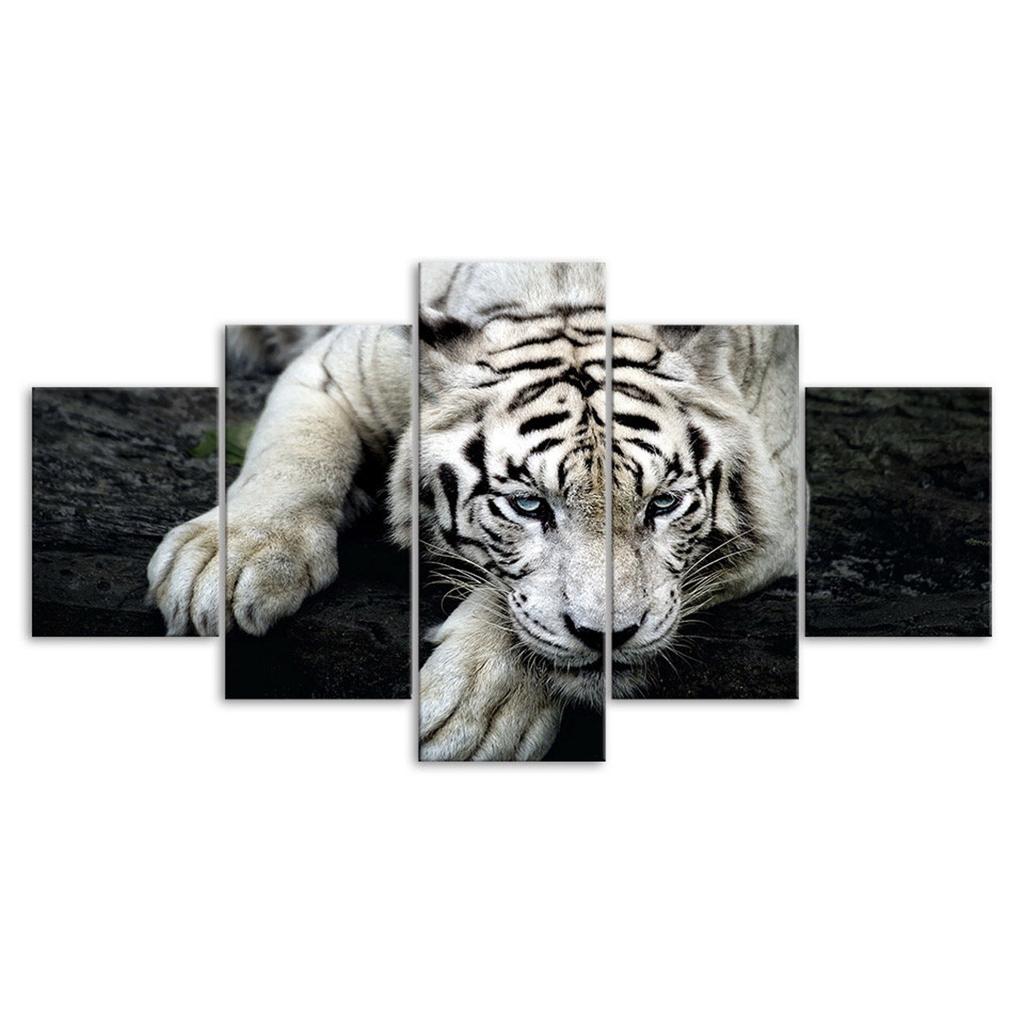White Tiger Face Wildlife Animal 5 Piece Five Panel Wall Canvas Print Modern Poster Picture Home Decor Gift For Him For Her