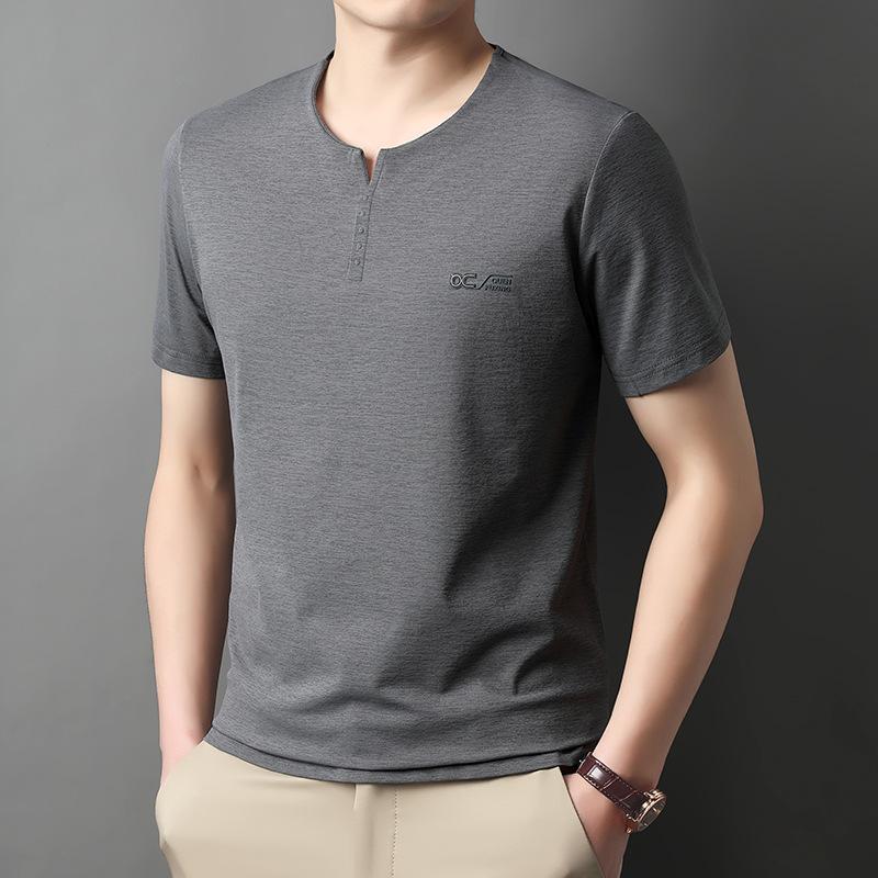 Men Ice Silk Short Sleeve Trend T Shirt V Neck Summer Casual Fashion Top