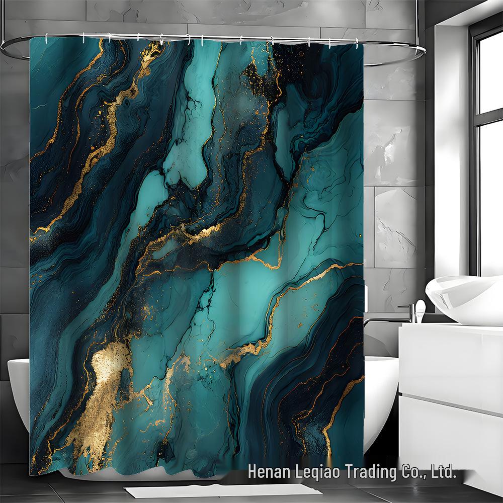 Elegant Marble Bathroom Set: Shower Curtain, Non-Slip Bath Mat, Toilet Lid Cover, Bathroom Mat & 12 Plastic Hooks.