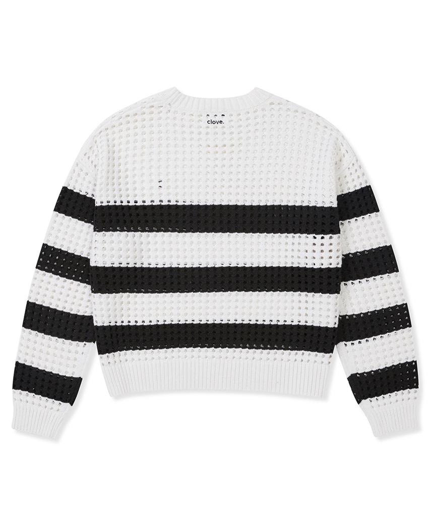 CLOVE [25Ss Clove] Crochet Stripe Knit (White)