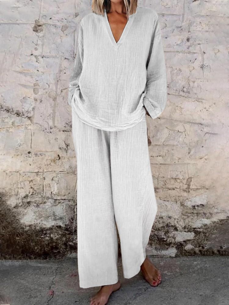 Women's Light Blue V-Neck Loose Fit Top and Wide Leg Pants Set, Casual Cotton Linen Outfit