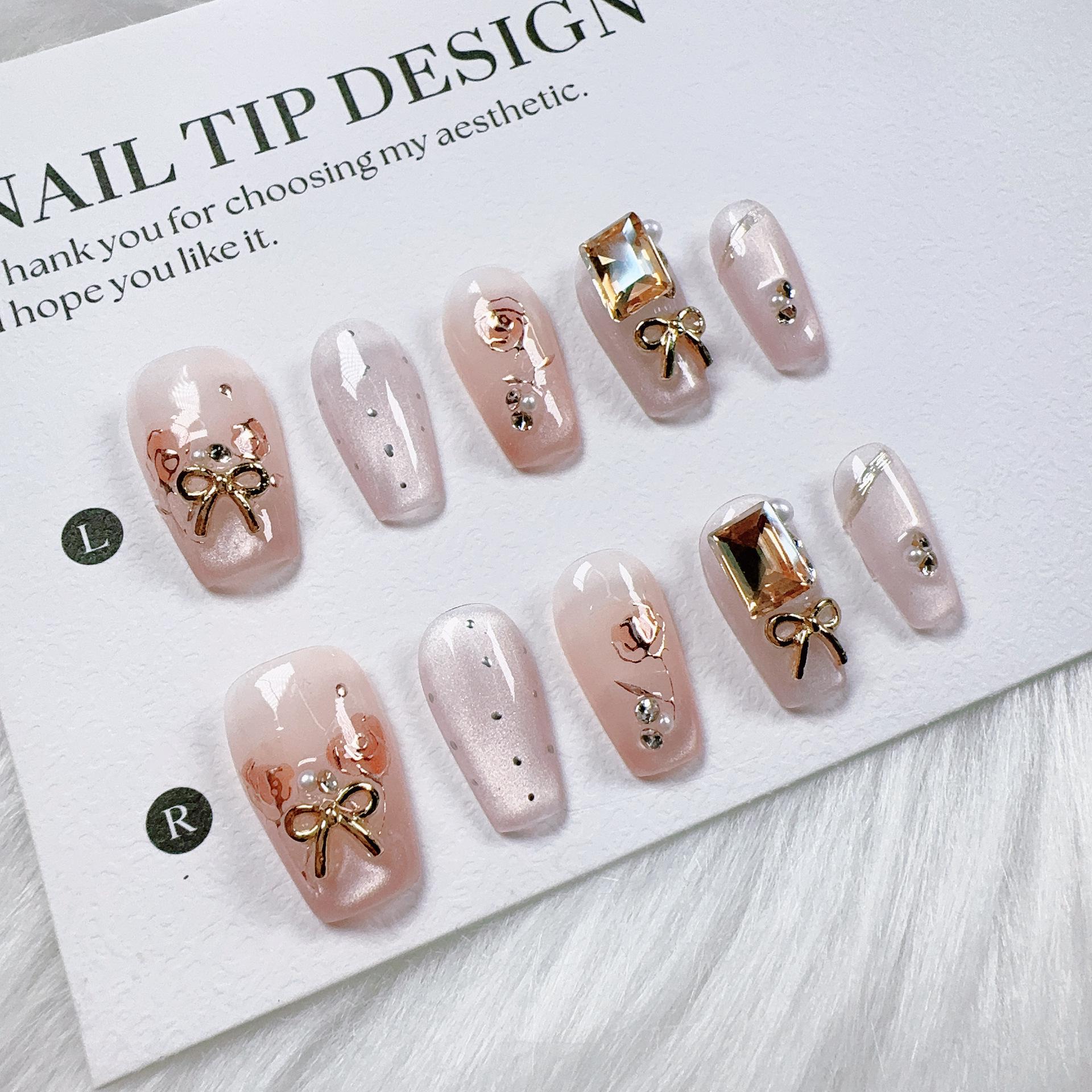 

Handcrafted French Cat Eye Nails: Delicate Rose Story Extra Small