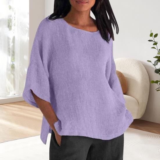 Yousheng Women Shirt 3/4 Sleeve Casual Crew Neck Solid Color Pullover Tops Loose Fit Vacation Blouse Daily Wear