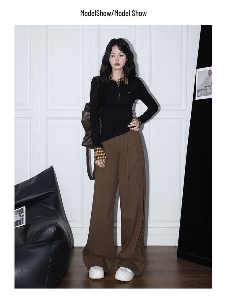 Design Sense Women's Plaid Patchwork Long Sleeve Collared Slim-Fit T-Shirt for Autumn