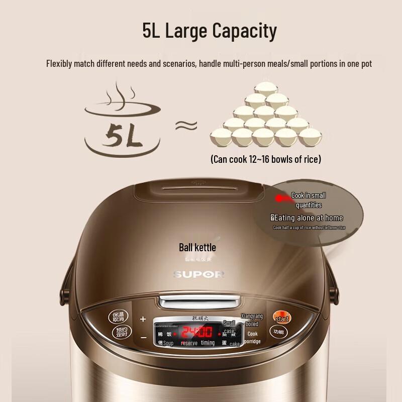SUPOR 5L Smart Electric Rice Cooker with Wood-Fired Rice Function CN plug (adapter included)