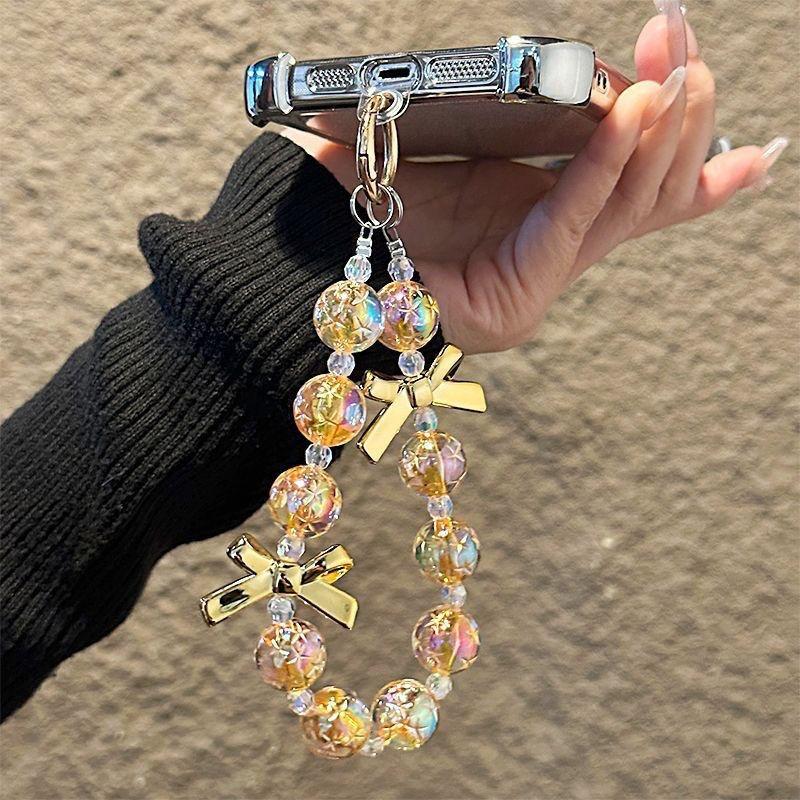 Sparkling Acrylic Beaded Bow Phone Wrist Strap Lanyard Keychain Wristlet Chain Short Women Droplet Crystals Handbag Use