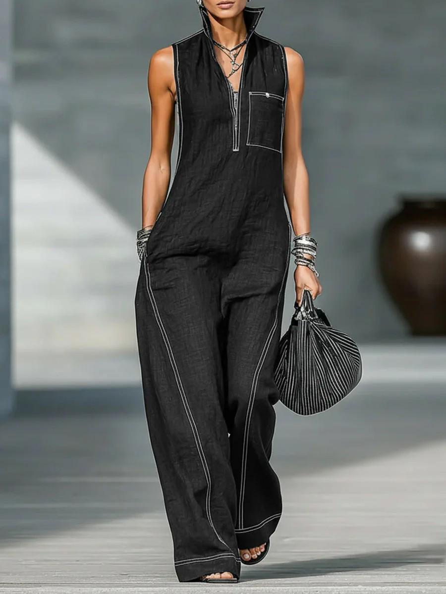 2026 Women s Stand Collar Sleeveless Cotton-Linen Casual Jumpsuit 2XL