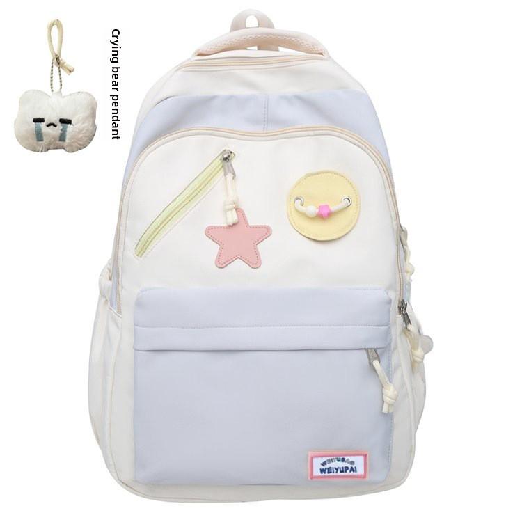 Blocked Cute Color Star Collage Student Backpack And Shoulder Bag With Pendant