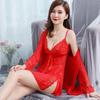 Sexy female summer with chest pad, lace suspender, nightdress, perspective split-ended outer robe set
