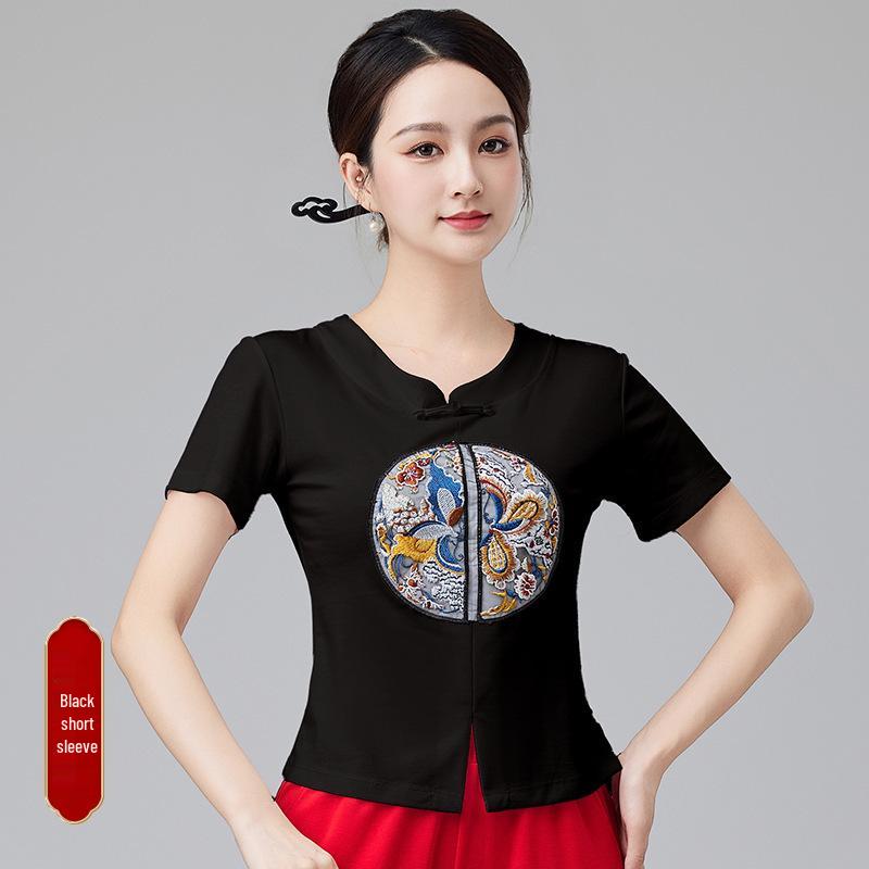 2024 Women's Chinese Style Dancewear: Short Sleeve Fitness Casual Top