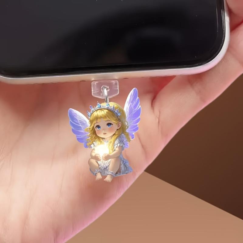 2Pcs Diy Accessories For Phone Type-C Interface Dust Plug Hanging Decoration 2D Flat Acrylic Angel Fairy Cat Phone Dust Plug