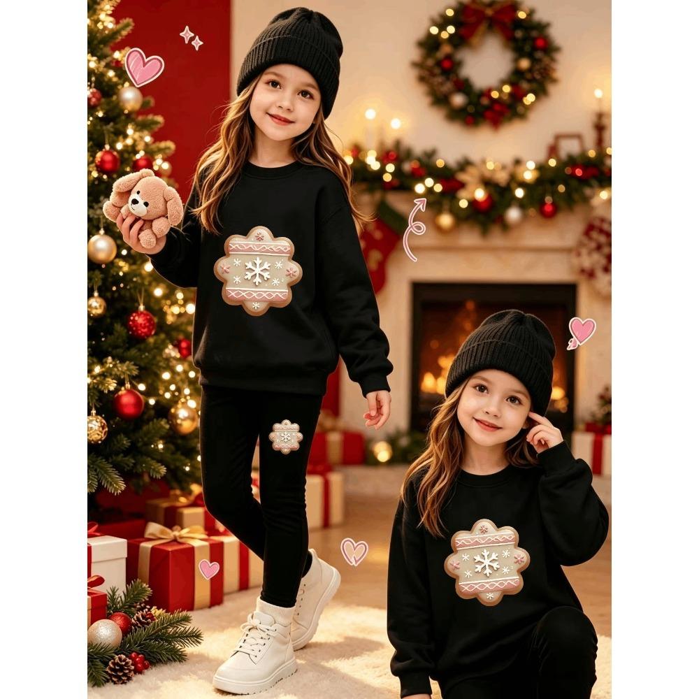 Girls' Snowflake Print Casual Comfortable Soft Loose Pullover Sweatshirt and Leggings 2-Piece Set, New Autumn/Winter, Playful, Sweet and Cool Style