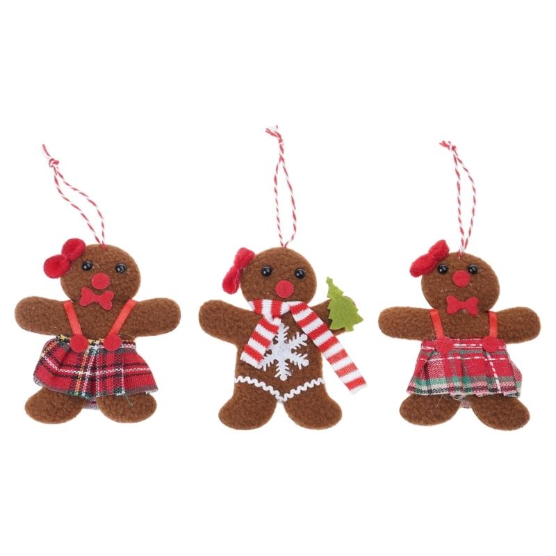 Set of 3 Christmas Gingerbreads Man Shape Cloth Ornaments Reusable Hanging Decorations for Holiday Homes Party